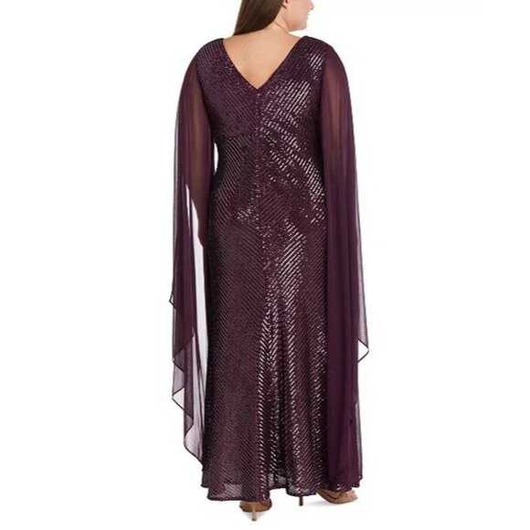 New Nightway Plus Size 18W Purple Sequined Cape Formal Gown Cocktail Maxi Dress - Picture 2 of 12